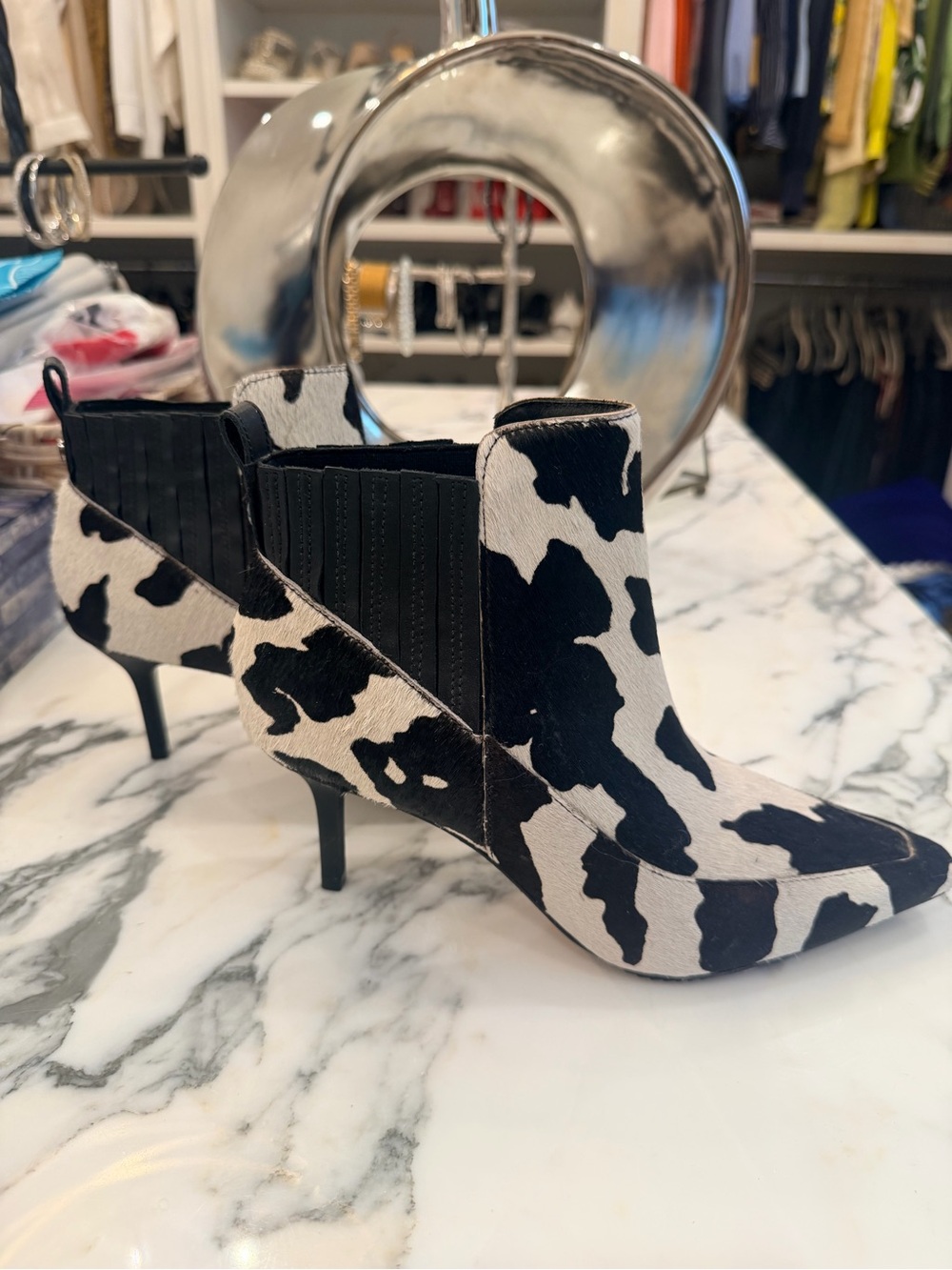 Donald J. Pliner Black and White Cow-Print Pointed Ankle Booties